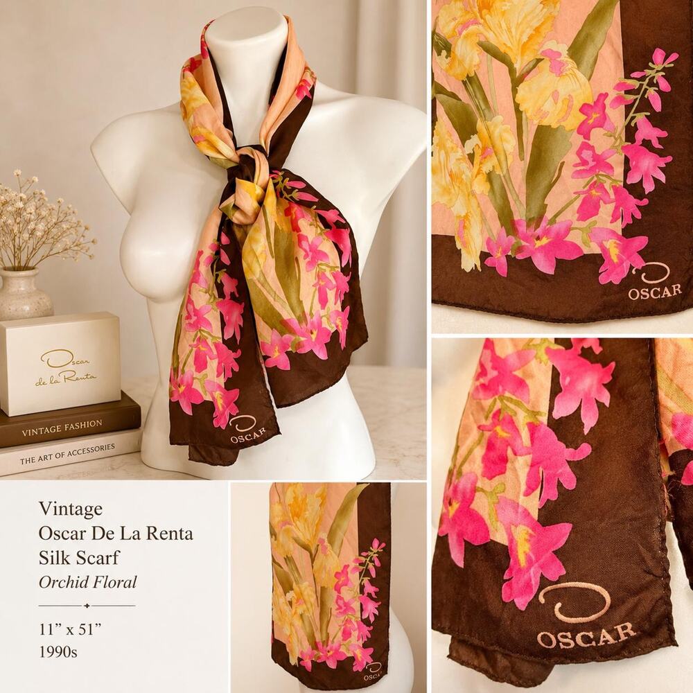 Vintage Oscar De La Renta Silk Scarf 11x51 Orchid Floral Pink Brown 1990s - Picture 2 of 8
